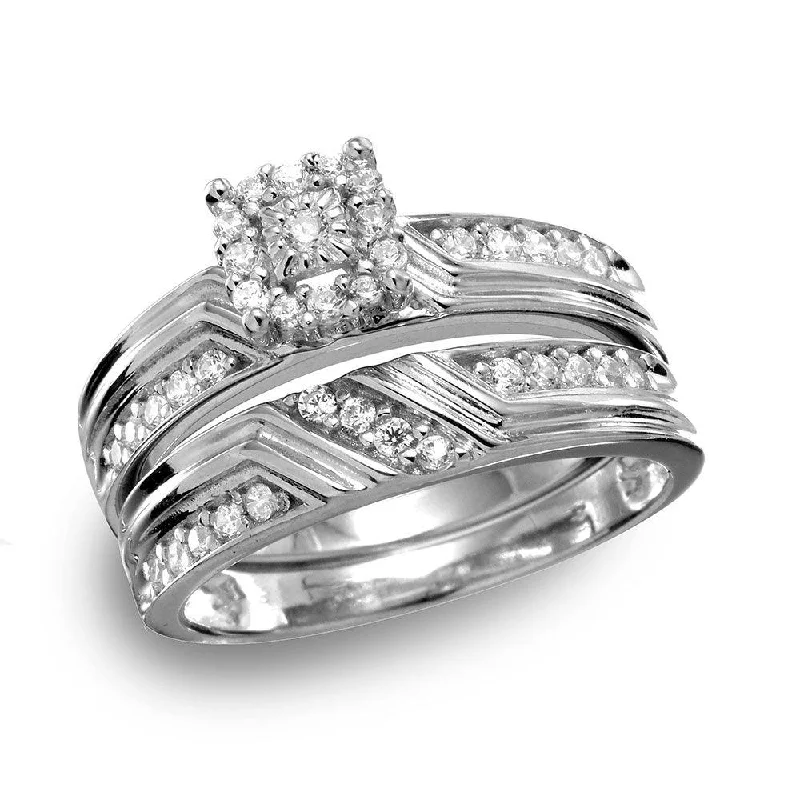 Bold Statement Wedding Rings-Silver 925 Rhodium Plated Square Halo CZ Engagement Ring - GMR00120