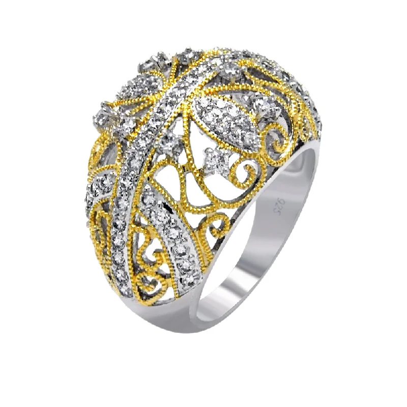 Bridal Engagement Rings-Clearance-Silver 925 Rhodium and Gold Plated 2 Toned Clear CZ Filigree Dome Ring - BGR00374