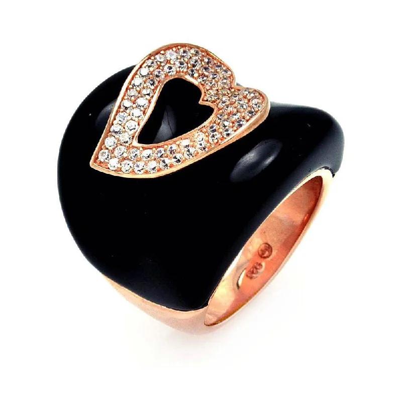 Luxury Engagement Rings-Clearance-Silver 925 Gold Plated Black Onyx Clear CZ Heart Ring - BGR00327