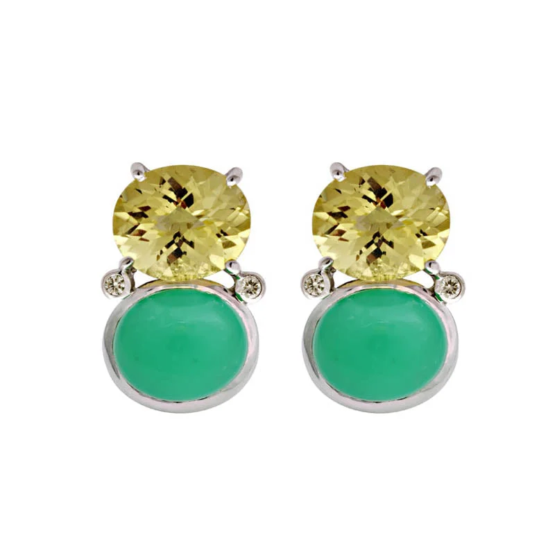 Vintage Style Stud Earrings-Earrings- Lemon Quartz, Chrysoprase and Diamond