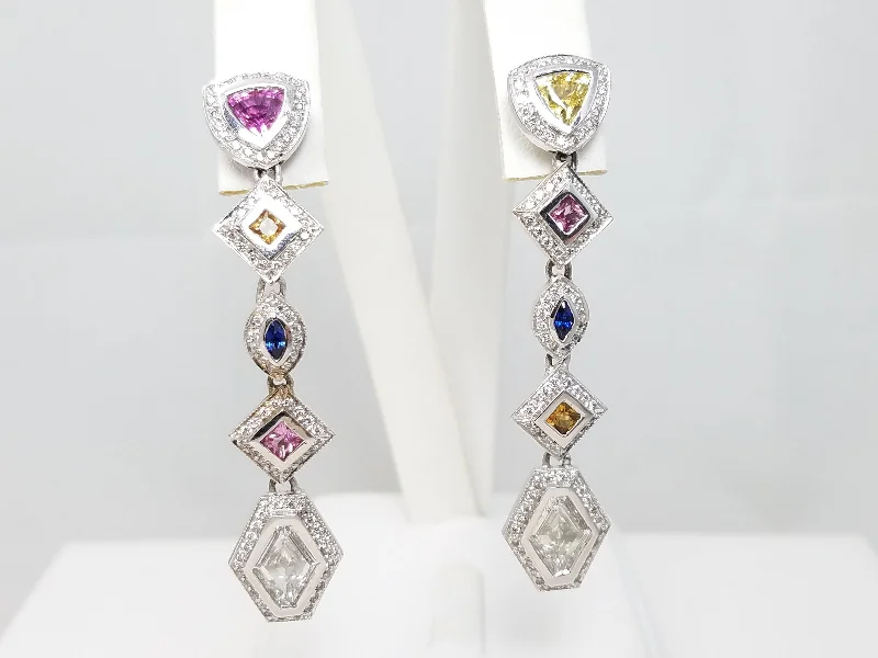 Colorful Earrings for Weddings-Spectacular 18k White Gold Natural Sapphire Diamond Custom Dangle Earrings