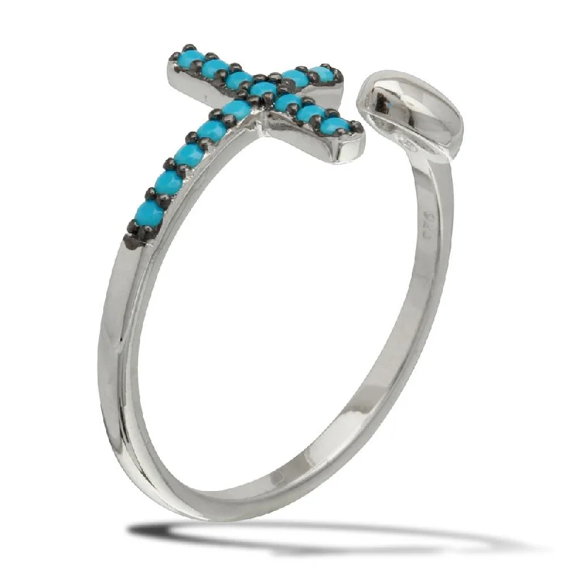 Unique Gold Engagement Rings-Rhodium Plated 925 Sterling Silver Heart and Cross Open Ring with Turquoise Beads - BGR01086