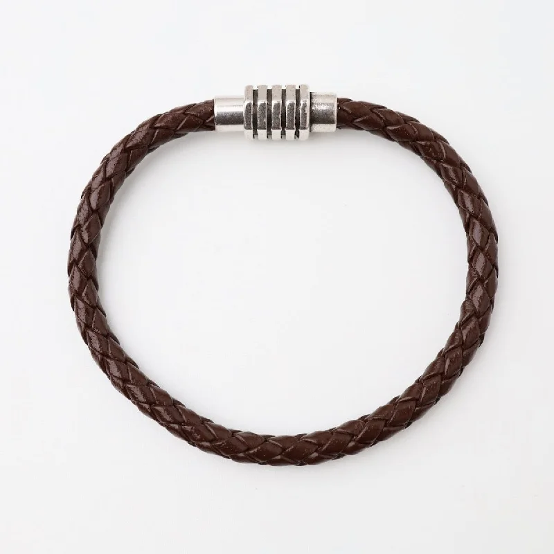 Elegant Silver Bangle Bracelets-Vintage Braided Brown Leather Bracelet