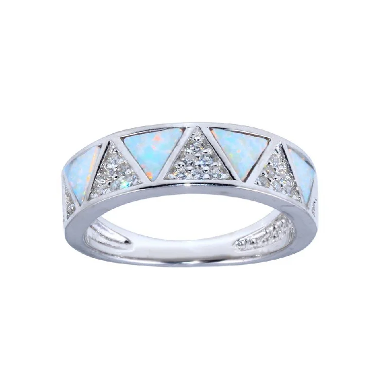 Designer Engagement Rings-Rhodium Plated 925 Sterling Silver Opal Stone Triangle With CZ Ring - BGR01317