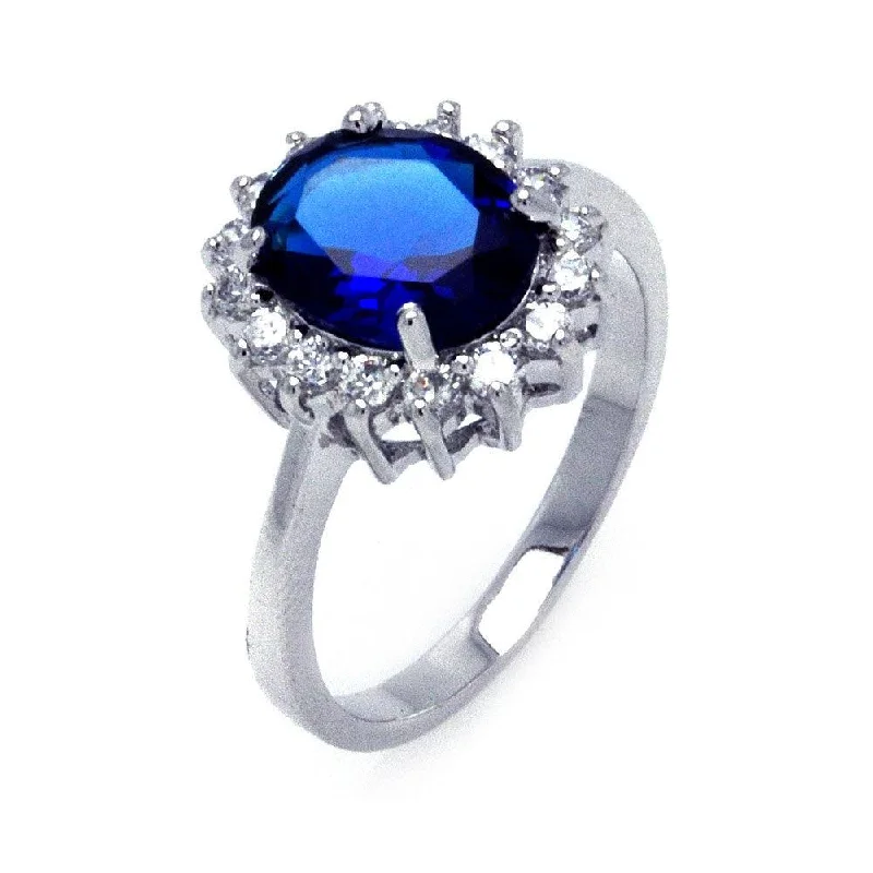 Designer Diamond Rings-Silver 925 Rhodium Plated Oval Blue and Clear Cluster CZ Flower Ring - BGR00282