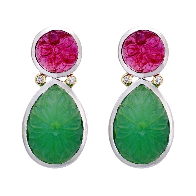 Luxury Wedding Earrings-Earrings- Chrysoprase, Rubellite and Diamond