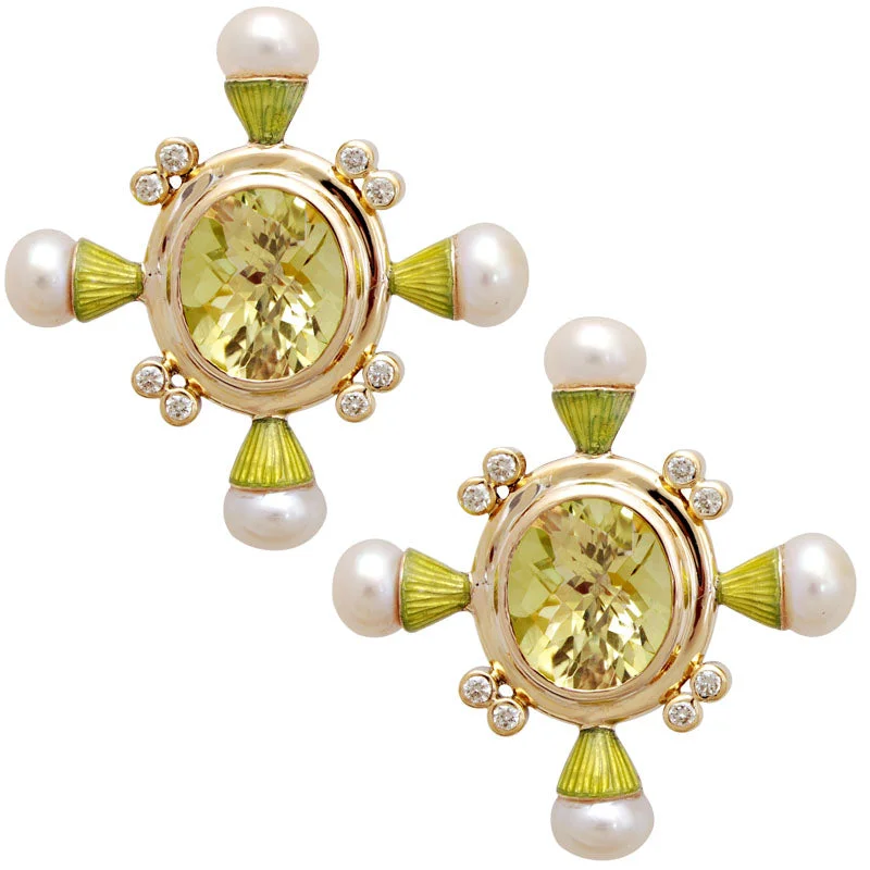 Elegant Dangle Earrings-Earrings- Lemon Quartz, Pearl And Diamond(enamel) (1780E)