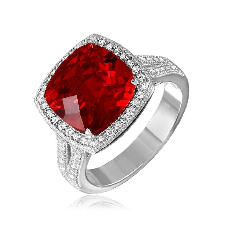 High-Quality Wedding Bands-Silver 925 Rhodium Plated Square Halo Red CZ Ring with Micro Pave Stones - GMR00090R