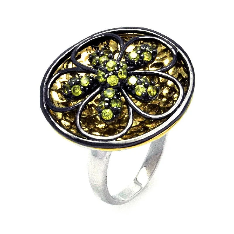 Vintage Diamond Rings-Clearance-Silver 925 Rhodium Black Rhodium and Gold Plated Black and Yellow CZ Flower Disc Ring - STR00862