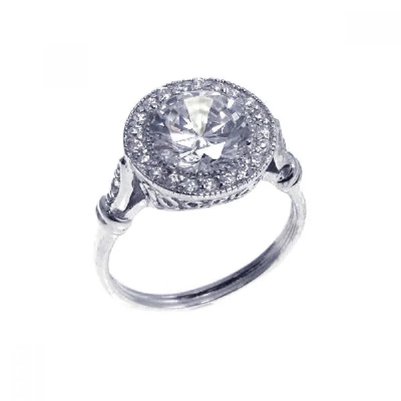 Custom Silver Rings-Clearance-Silver 925 Rhodium Plated Round Center and Cluster CZ Ring - STR00524