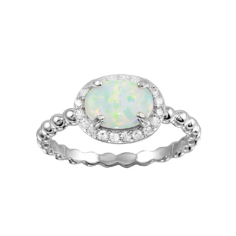 Affordable Diamond Rings-Rhodium Plated 925 Sterling Silver Oval Halo Opal CZ Beaded Design Band Ring - BGR01272