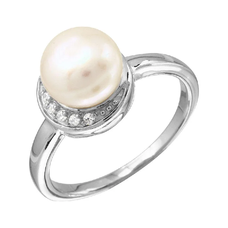 Gold and Silver Rings-Rhodium Plated 925 Sterling Silver CZ Crescent Ring with Fresh Water Pearl - BGR01095