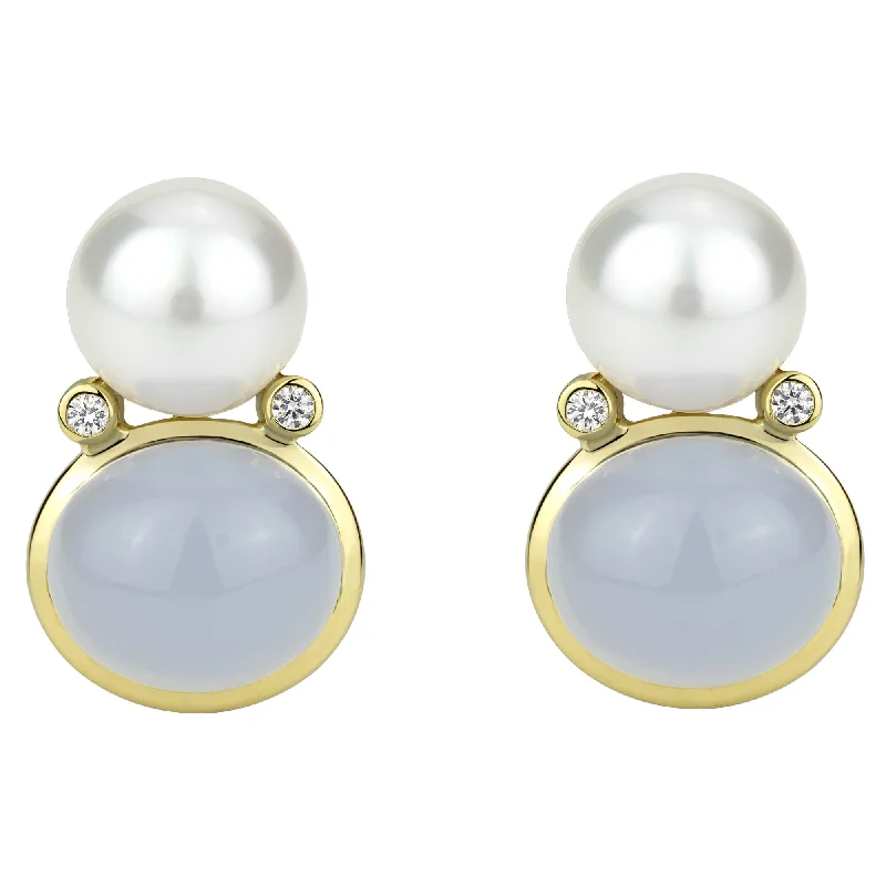 Chic Dangle Earrings-Earrings - South Sea Pearl, Chalcedony And Diamond