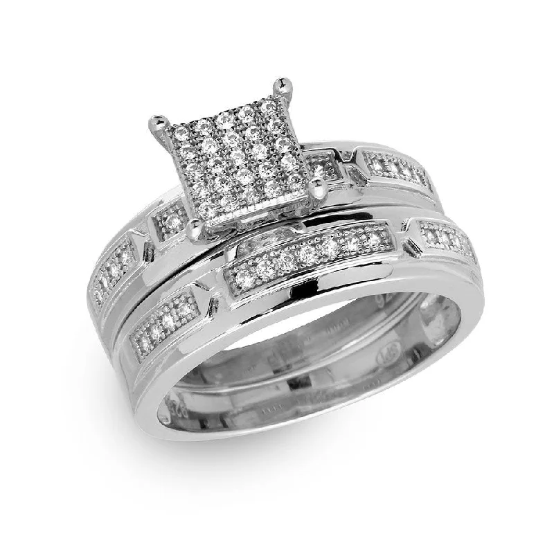 Men’s Custom Rings-Silver 925 Rhodium Plated Square Pave Center Trio Bridal Ring - GMR00168