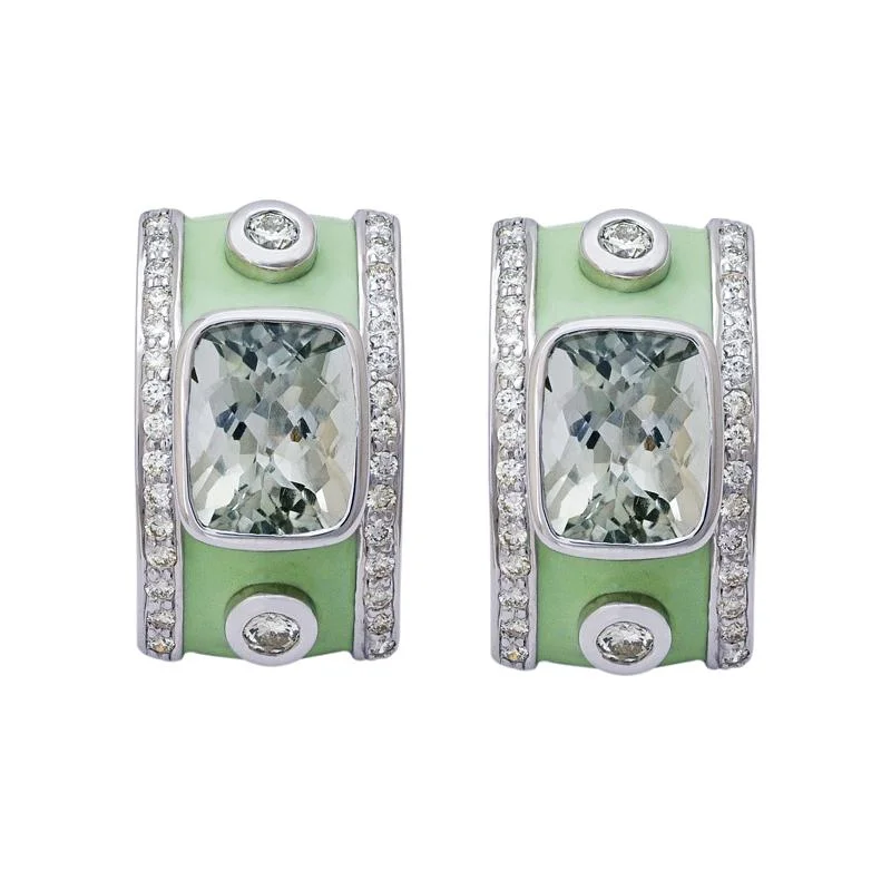 Unique Silver Earrings-Earrings- Green Quartz and Diamond (Enamel)  (256AS)