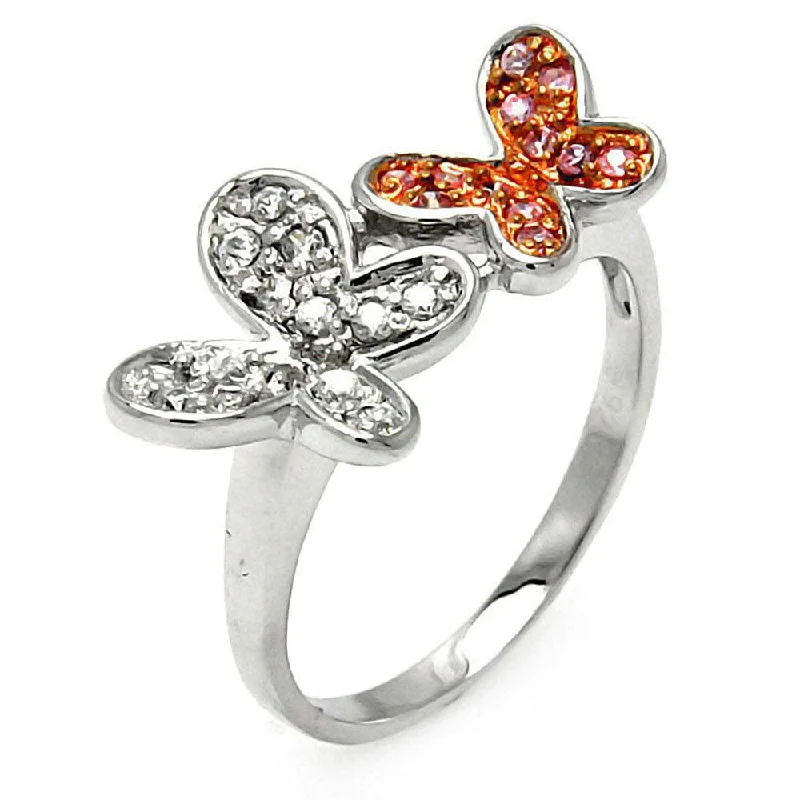 Trendy Engagement Ring Sets-Clearance-Silver 925 Rhodium and Rose Gold Plated Pink and Clear CZ Butterfly Ring - STR00004PNK-CLR