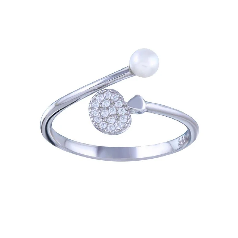 Affordable Wedding Rings-Rhodium Plated 925 Sterling Silver Synthetic Pearl Disc CZ Open Ring - STR01152