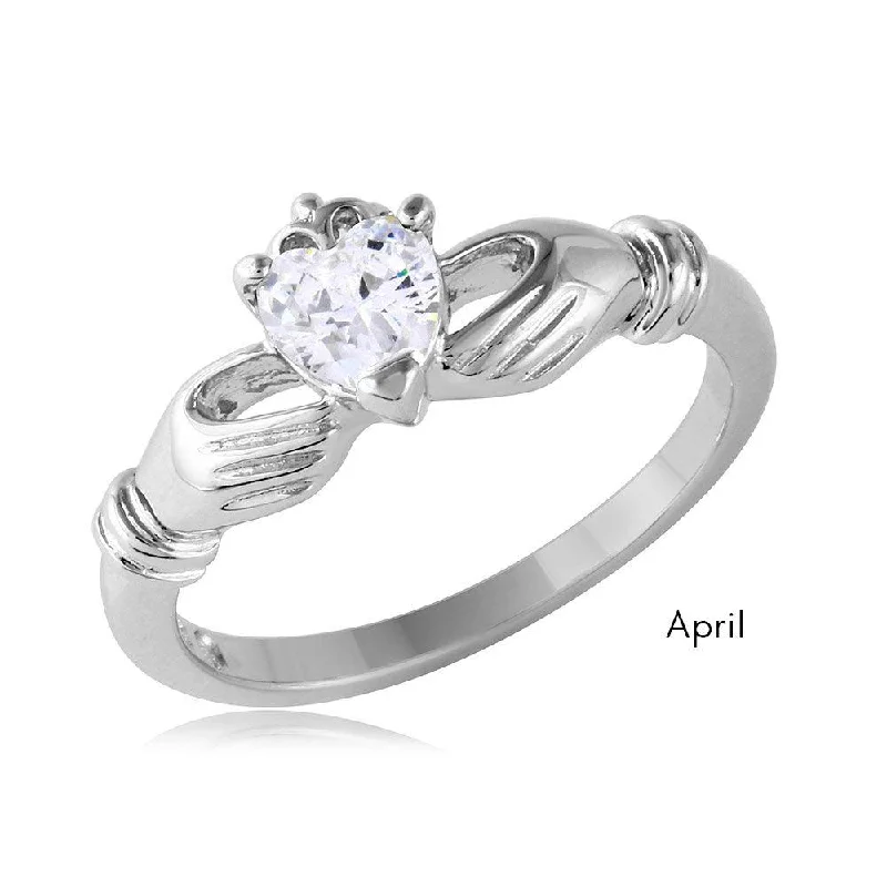 Beautiful Wedding Ring Sets-April Sterling Silver 925 Rhodium Plated CZ Center Birthstone Claddagh Ring - BGR01083APR