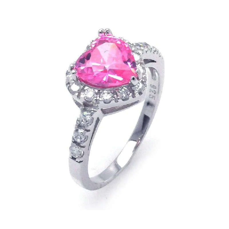 Personalized Engagement Rings-Silver 925 Rhodium Plated Pink and Clear Cluster CZ Heart Ring - STR00698PNK