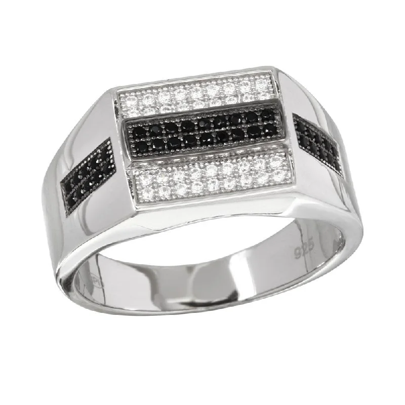 Dainty Silver Rings-Rhodium Plated 925 Sterling Silver Rectangle Black and Clear CZ Ring - GMR00216RB