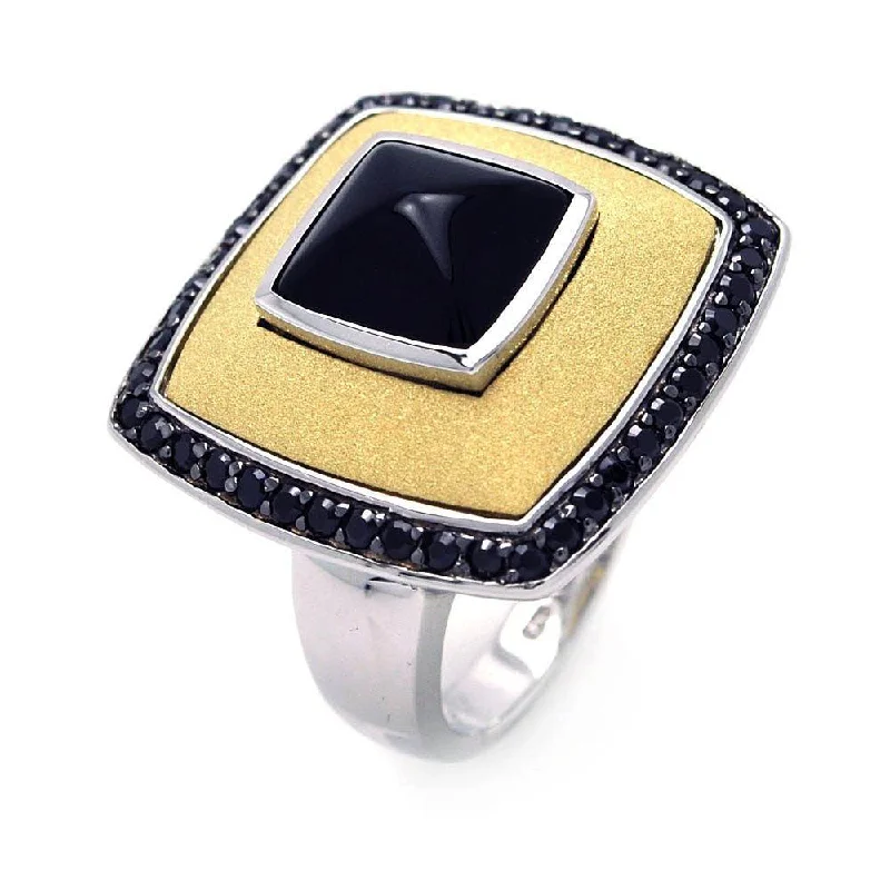 Gold Diamond Rings-Clearance-Silver 925 Rhodium Black Rhodium and Gold Plated 3 Toned Black CZ Square Ring - BGR00273