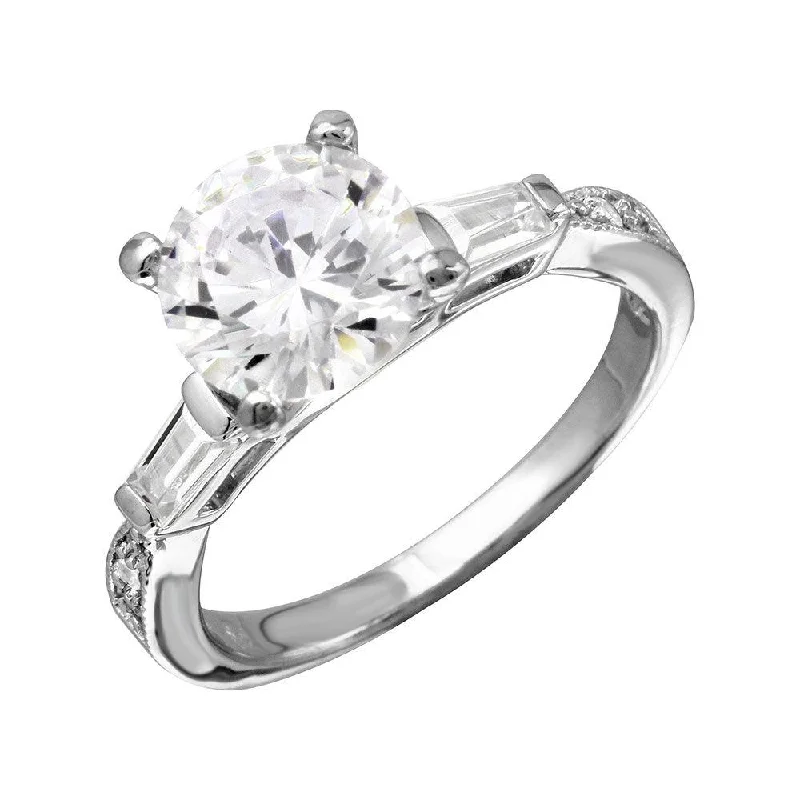 Adjustable Silver Rings-Rhodium Plated 925 Sterling Silver Round Center Baguette Shank CZ Stone Bridal Ring - BGR01094