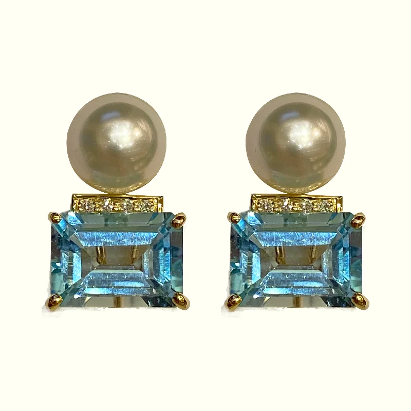 Round Drop Earrings-Earrings - Blue Topaz, South Sea Pearl and Diamond in 18k Gold