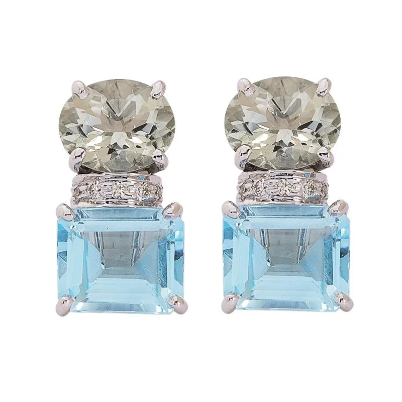 Unique Wedding Stud Earrings-Earrings- Blue Topaz, Green Quartz and Diamond  (271ES)