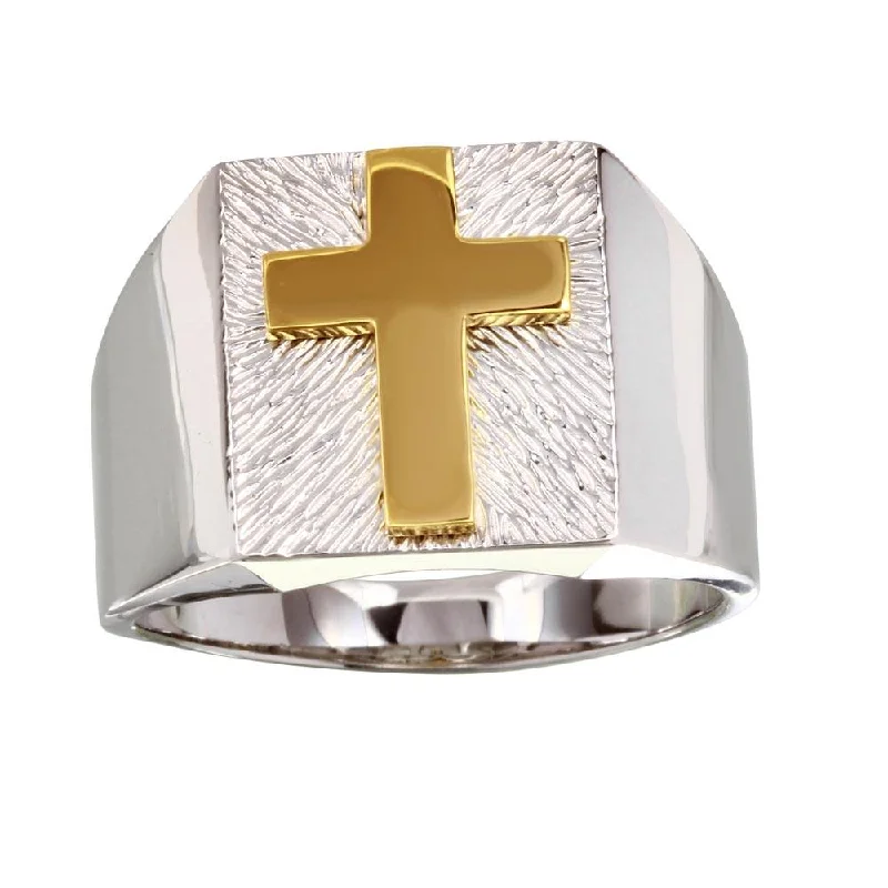 Matching Gold Wedding Rings-Two-Tone 925 Sterling Silver Men's Cross Ring - GMR00232RG