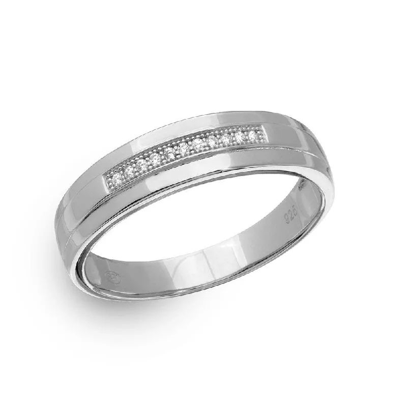 Trendy Engagement Rings-Men's Sterling Silver Rhodium Plated Single Bar CZ Ring - GMR00149