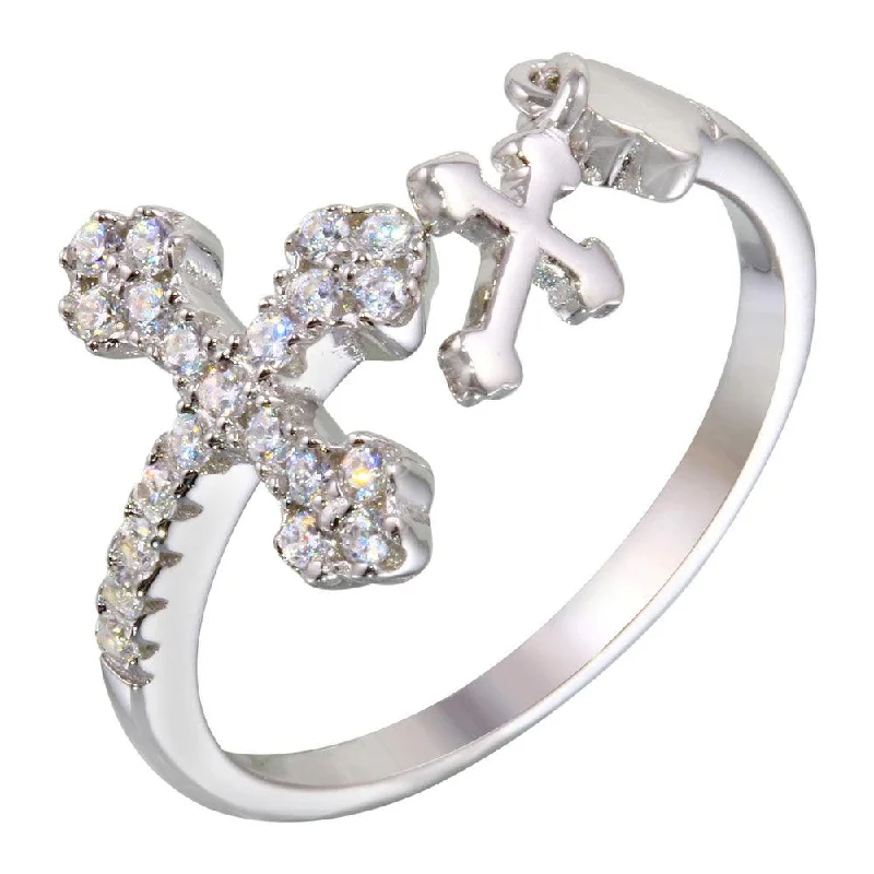 Designer Diamond Rings-Rhodium Plated 925 Sterling Silver Open End Cross Ring with CZ - BGR01145