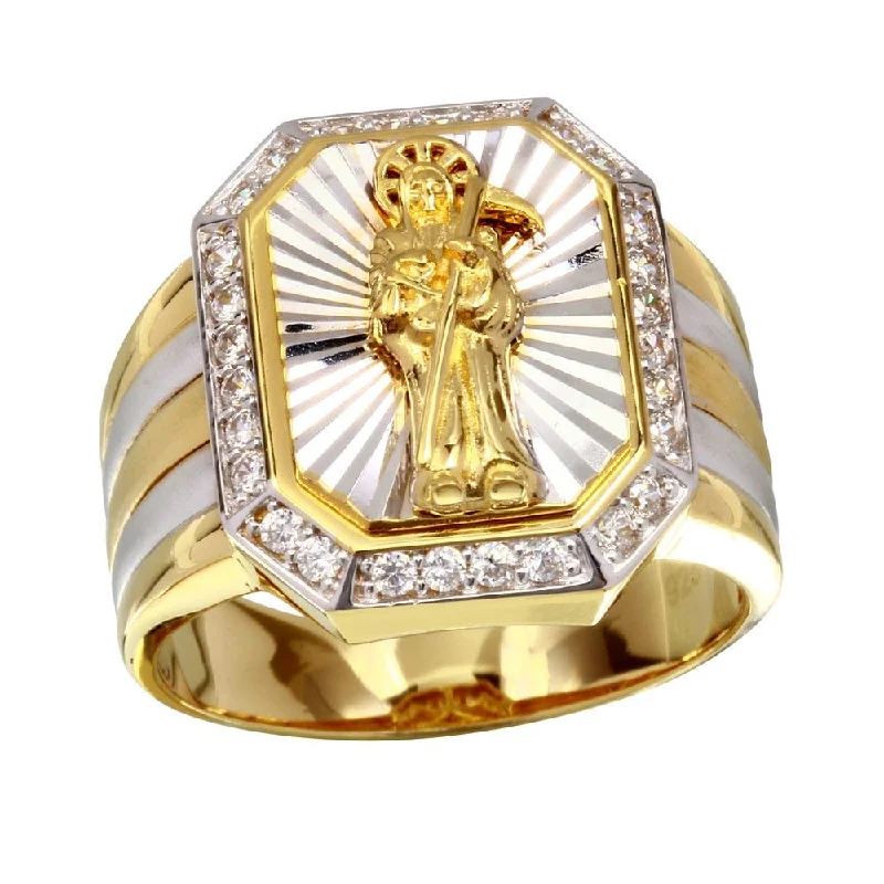 Classic Solitaire Rings-Two-Tone 925 Sterling Silver Santa Muerte Ring with CZ - GMR00227GR