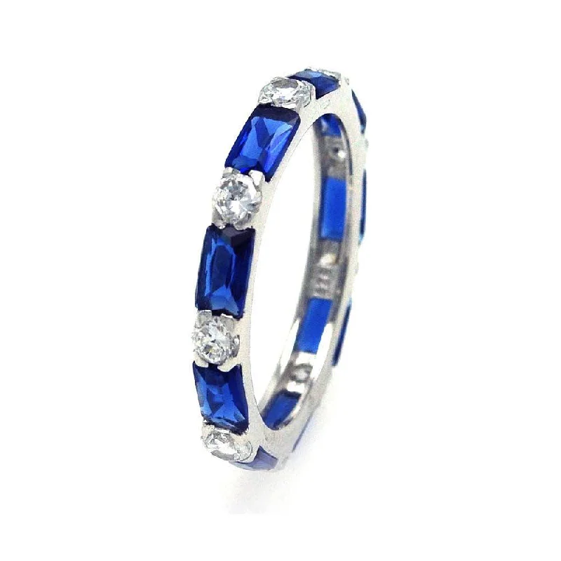 Simple Solitaire Rings-Silver 925 Rhodium Plated Blue Baguette Clear CZ Eternity Ring - STR00516BLU