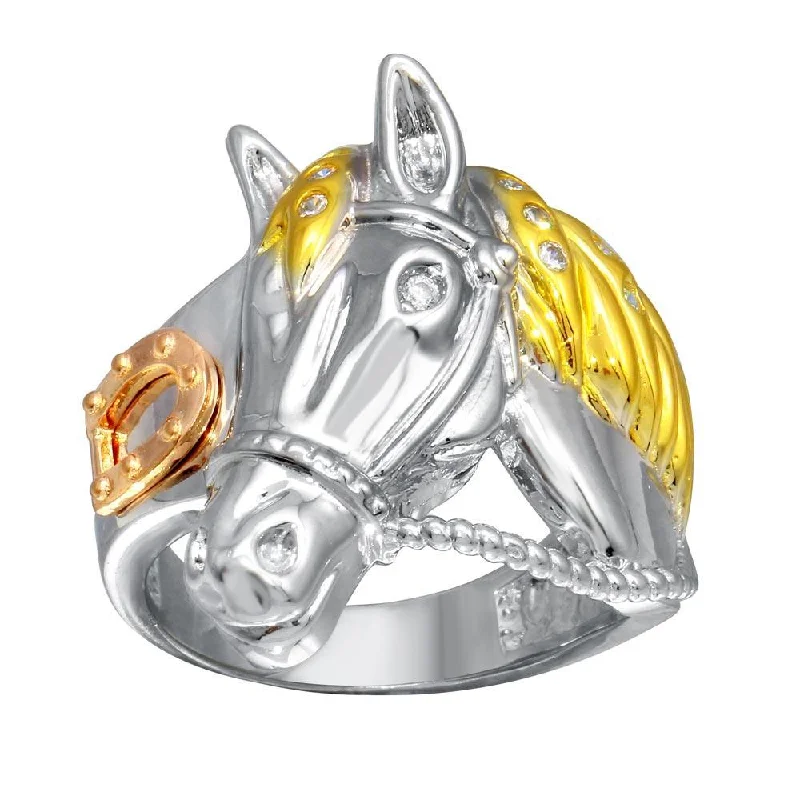 Sparkling Diamond Rings-Three-Tone 925 Sterling Silver Men's CZ Rope Horse Ring - GMR002793C