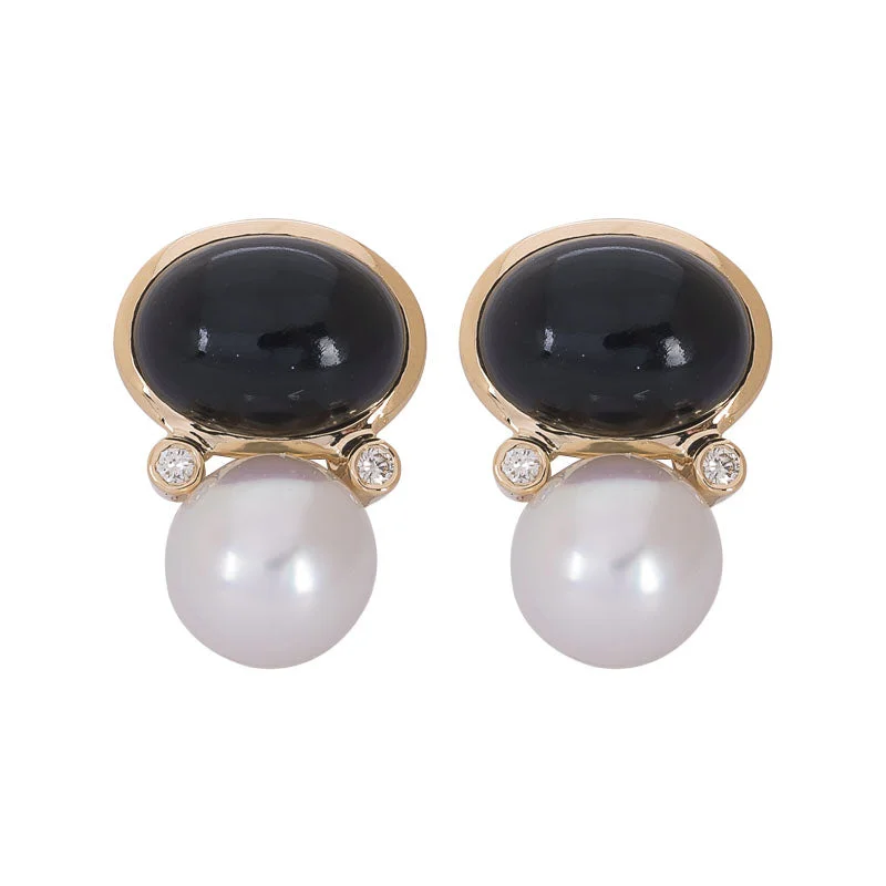 Gold Plated Earrings-EARRINGS- BLACK ONYX, S.S. PEARL AND DIAMOND IN 18K GOLD