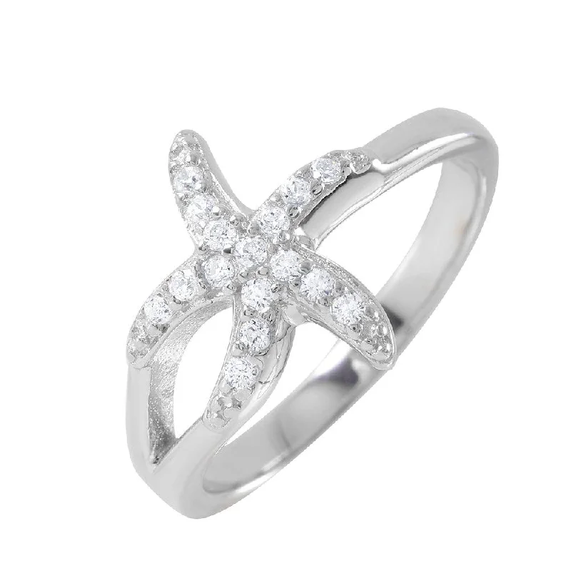 Wedding Bands for Women-Silver 925 Rhodium Plated Clear Pave Set CZ Small Skinny Starfish Ring - BGR00950