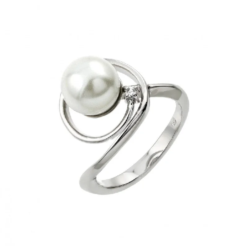 Adjustable Wedding Bands-Silver 925 Rhodium Plated Loop Synthetic Pearl Ring - BGR00907