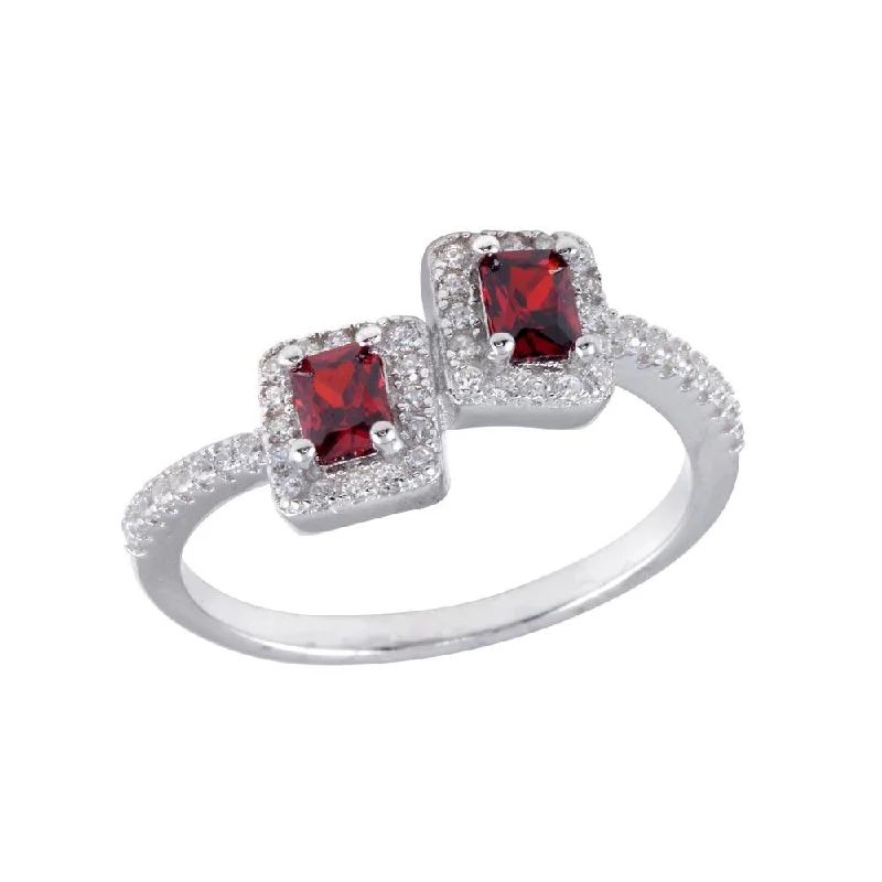 Unique Gold Rings-Rhodium Plated 925 Sterling Silver Double Square Red Center CZ Ring - BGR01254RED