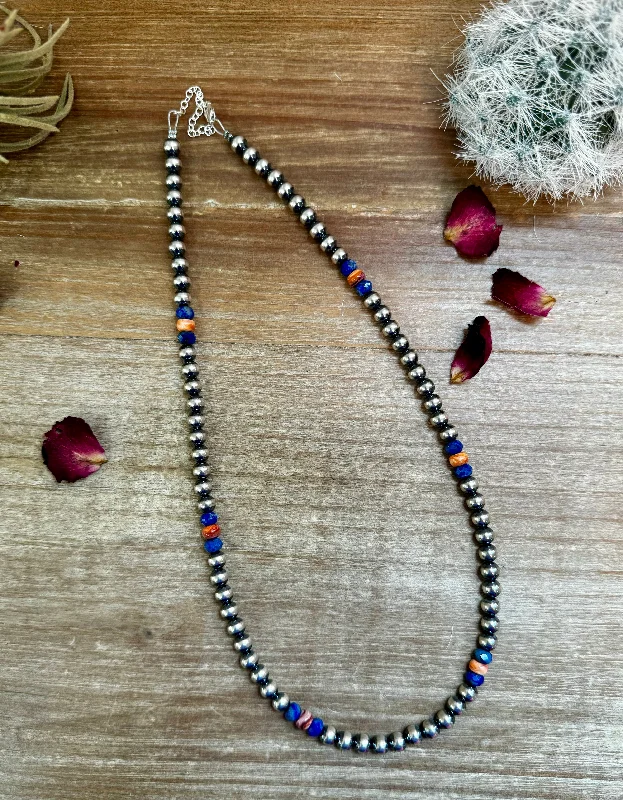 Fashionable Long Pendant Necklaces-18 inch 6 mm Sterling Silver Pearls necklace lapis and spiny