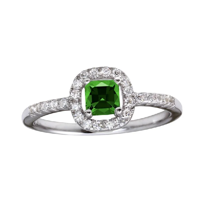 Customizable Diamond Rings-Rhodium Plated 925 Sterling Silver Square Clear and Green CZ Center Stone Ring - BGR01222GRN