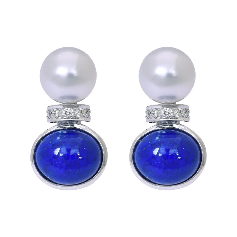 Handmade Earrings-Earrings- Lapis Lazuli, South Sea Pearl and Diamond