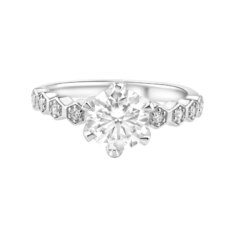 Vintage Wedding Rings-Rhodium Plated 925 Sterling Silver 1 Carat Round Moissanite and Clear CZ Ring - MBGR00005