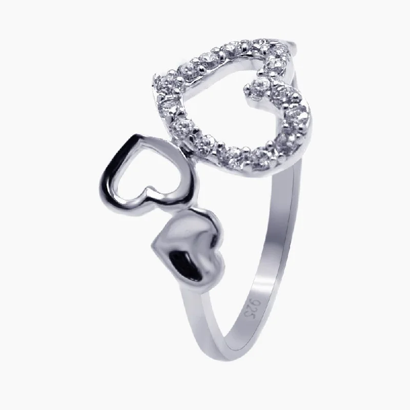 Bold Statement Wedding Rings-Silver 925 Rhodium Plated CZ Triple Heart Ring - AAR0075