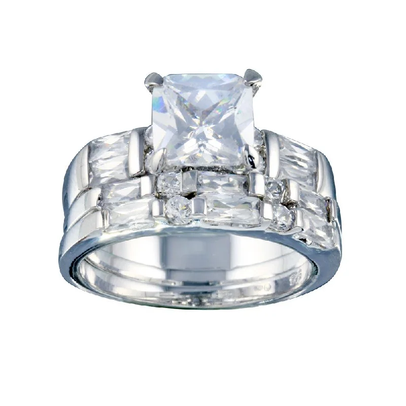 Stylish Adjustable Rings-Rhodium Plated 925 Sterling Silver Clear Baguette Round Square Center CZ Bridal Ring Set - BGR00248