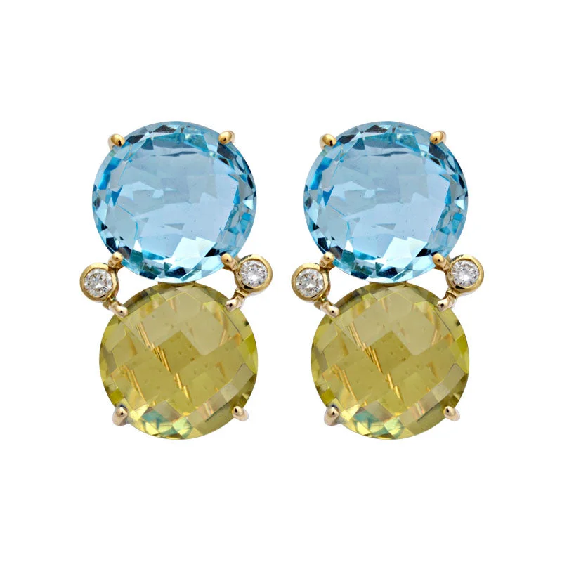 Modern Earrings for Women-Earrings-Blue Topaz, Lemon Quartz and Diamond