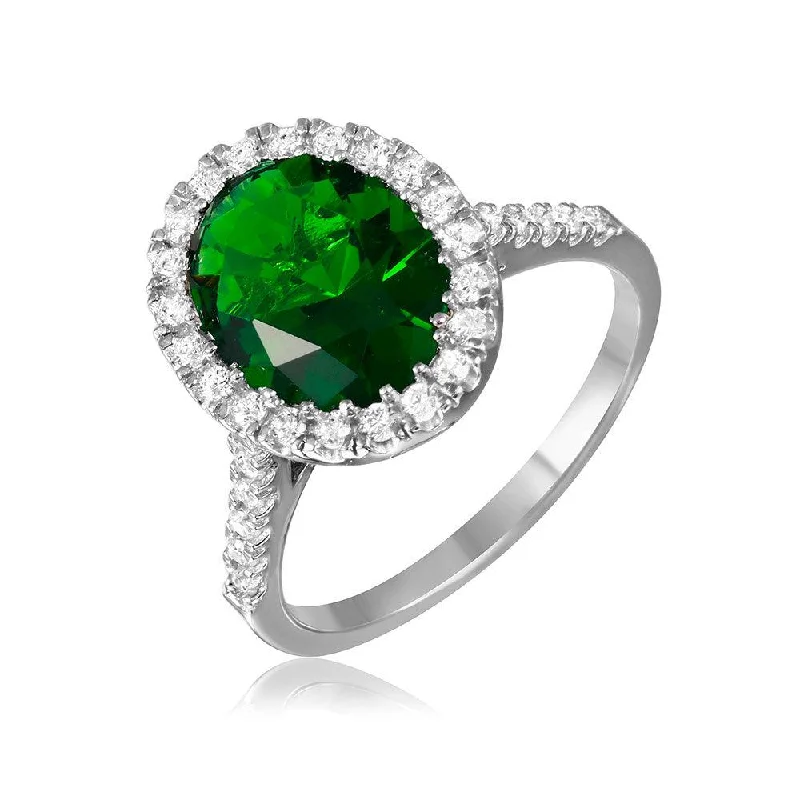 Luxury Silver Rings-Silver 925 Rhodium Plated Green Oval Halo Ring with CZ Stones - GMR00099G