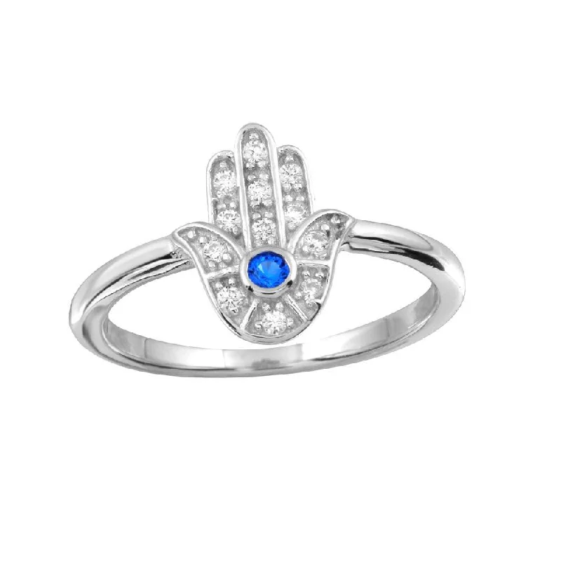 Unique Gemstone Wedding Rings-Rhodium Plated 925 Sterling Silver Blue Hamsa Ring with CZ - BGR01131BLU