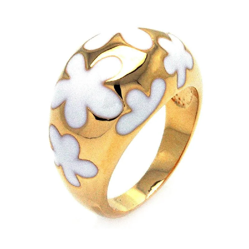 Unique Gold Rings-Clearance-Silver 925 Gold Plated White Enamel Flower Dome Ring - BGR00298