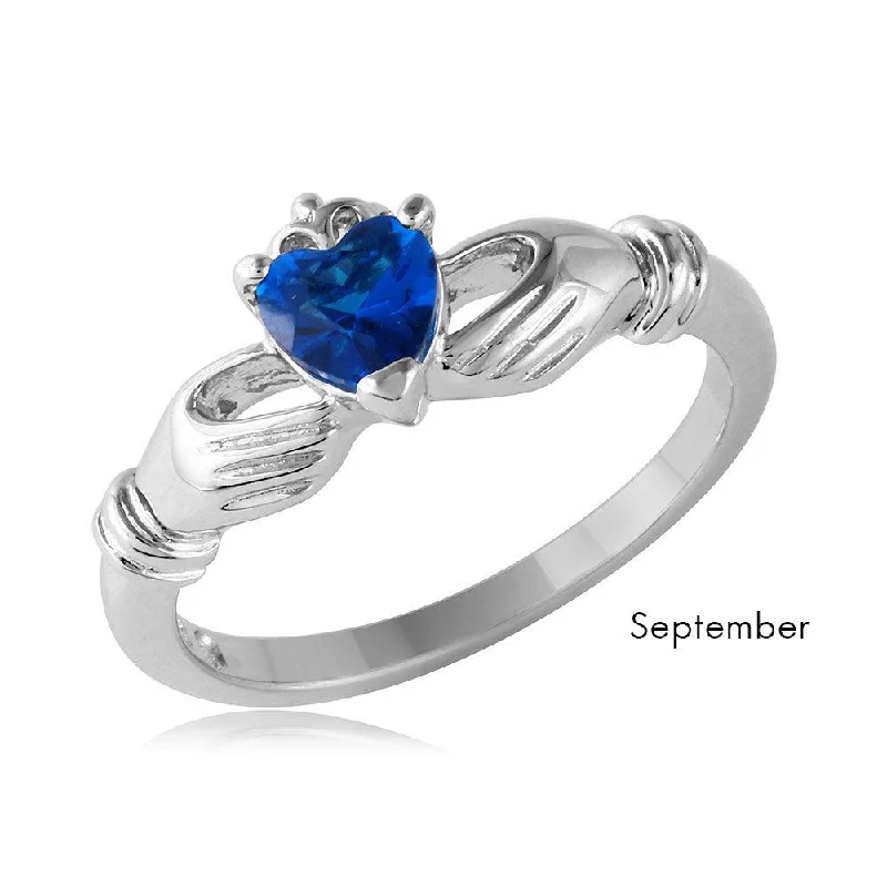 Stunning Wedding Bands-September Sterling 925 Silver Rhodium Plated CZ Center Birthstone Claddagh Ring - BGR01083SEP