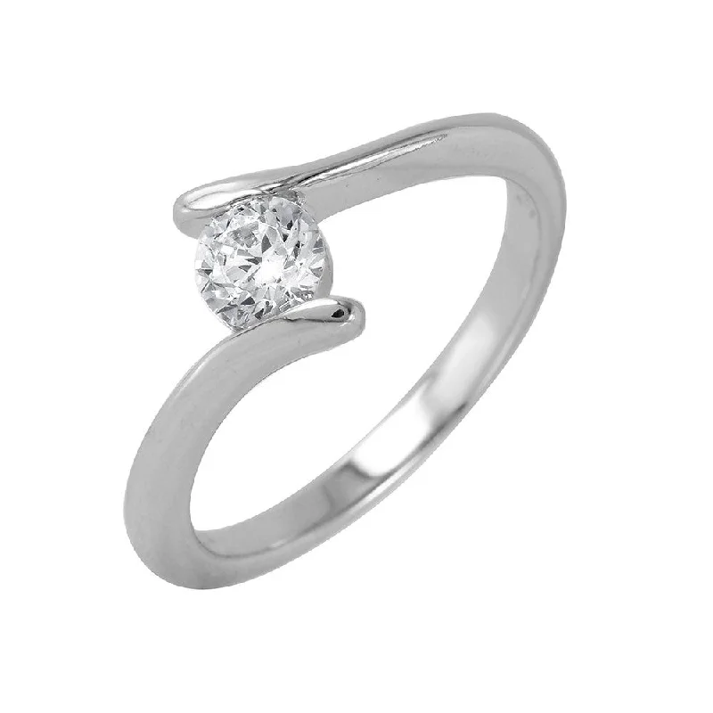 Simple Gold Wedding Bands-Silver 925 Rhodium Plated Single CZ Plain Ring - BGR00854